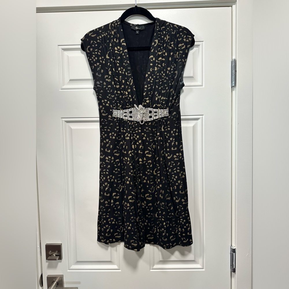 Rhinestone cheetah deep V-neck dress size L